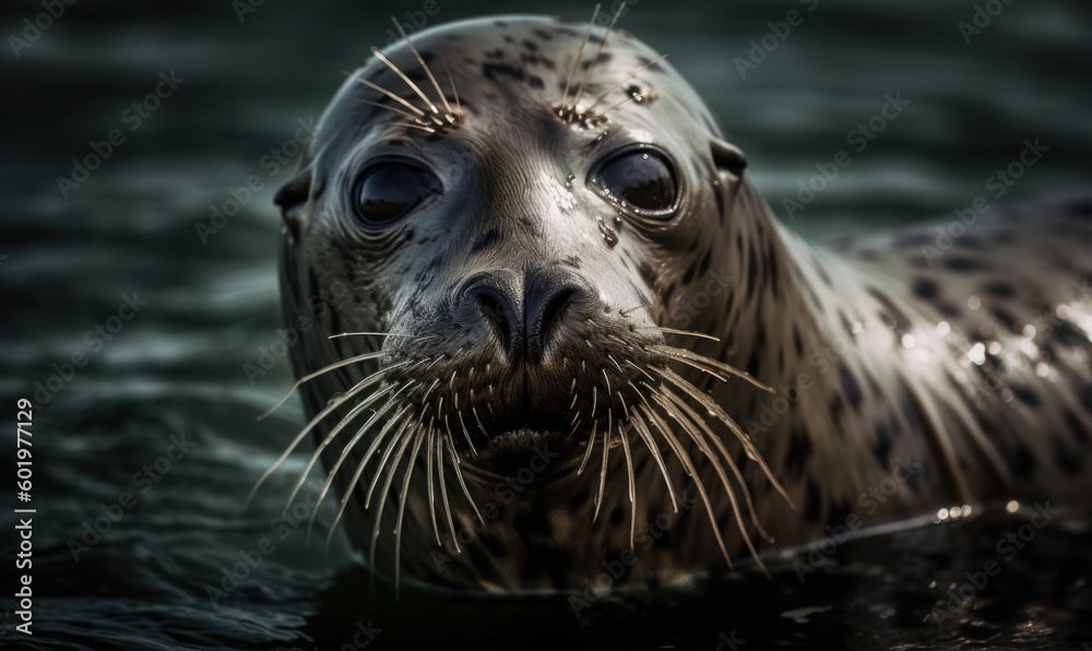 close up photo of harbour seal with blurry natural background. Generative AI