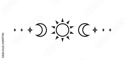 Celestial text divider with sun, stars, moon phases, crescents. Ornate boho mystic separator decorative element
