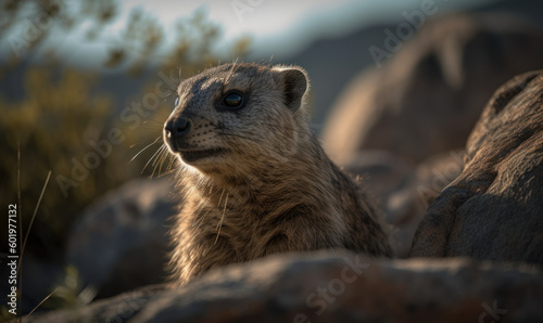 Photo of hyrax, perfectly poised on a rocky outcropping, surveying its arid desert kingdom. image is capturing every fine detail of the hyrax's compact, muscular frame. Generative AI