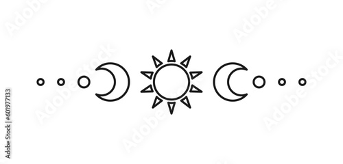 Celestial text divider with sun, stars, moon phases, crescents. Ornate boho mystic separator decorative element