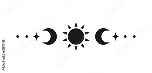 Celestial text divider with sun, stars, moon phases, crescents. Ornate boho mystic separator decorative element