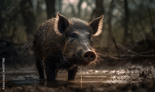 photo of hog in its natural habitat. Generative AI © Bartek