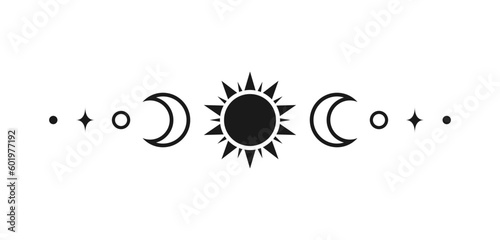 Celestial text divider with sun, stars, moon phases, crescents. Ornate boho mystic separator decorative element