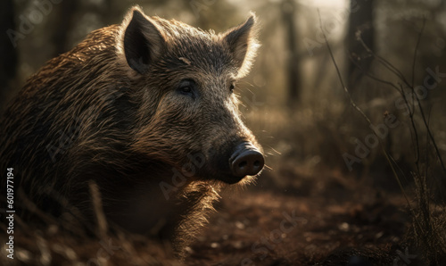 close up photo of hog on blurry forest background. Generative AI © Bartek