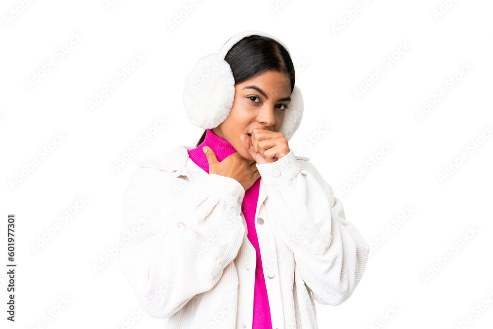 Young African American woman wearing winter muffs over isolated chroma key background is suffering with cough and feeling bad Young African American woman wearing winter muffs over isolated chroma key background is suffering with cough and feeling bad