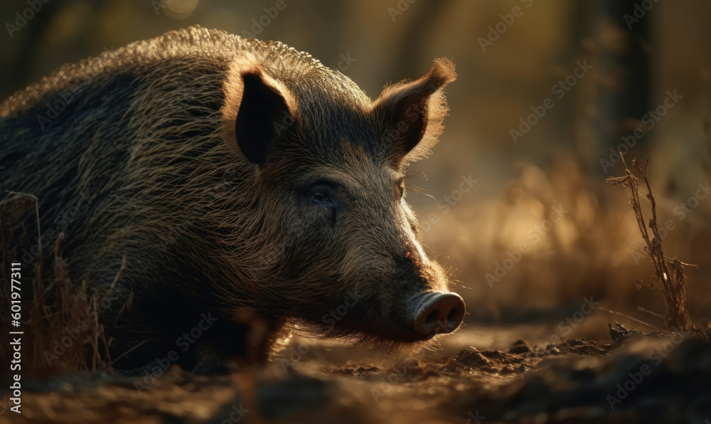 close up photo of hog on blurry forest background. Generative AI close up photo of hog on blurry forest background. Generative AI