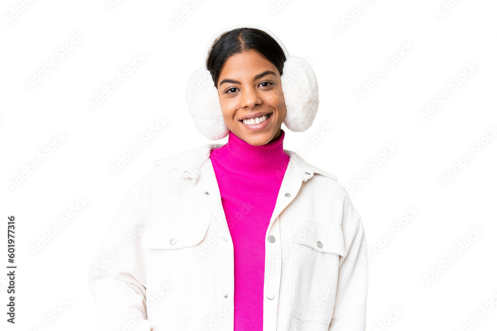 Young African American woman wearing winter muffs over isolated chroma key background laughing Young African American woman wearing winter muffs over isolated chroma key background laughing