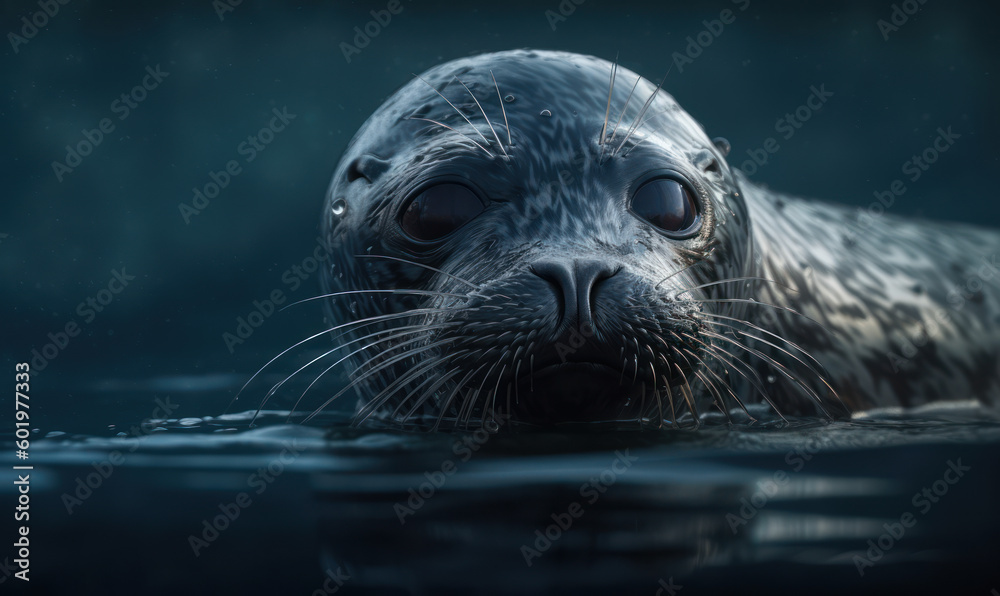 Fototapeta premium Photo of hooded seal, majestically swimming through the icy waters of the Arctic. composition showcases the seal's sleek, streamlined body and distinctive hood. Generative AI