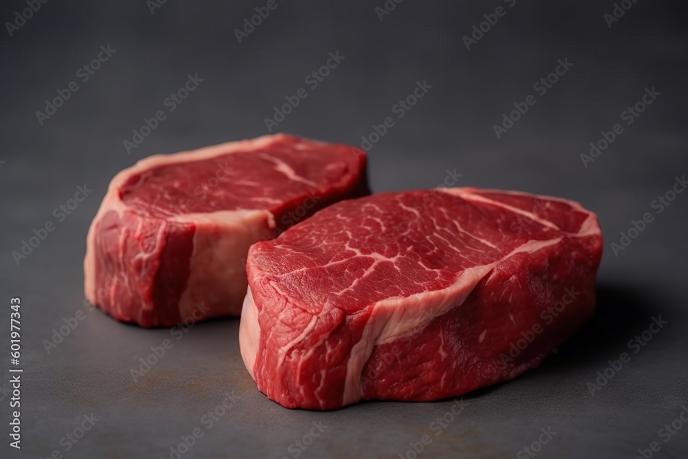 select marbled steaks on a black background. generative ai