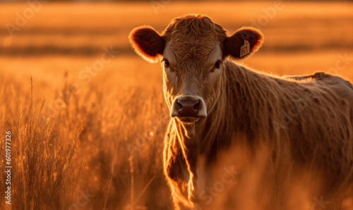 Heifer bovine, peacefully grazing in golden wheat field, illuminated by warm rays of setting sun highlighting every intricate detail of heifer's fur, muscular build & peaceful demeanor. Generative AI photo