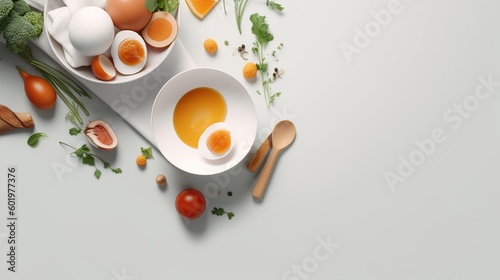 boiled chicken eggs in plates with various vegetables. food background. generative ai