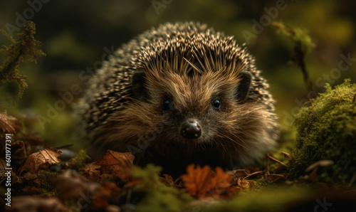 Photo of hedgehog, captured in detail as it explores a vibrant, mossy forest floor highlighting the hedgehog's adorable features and the verdant beauty of the forest. Generative AI