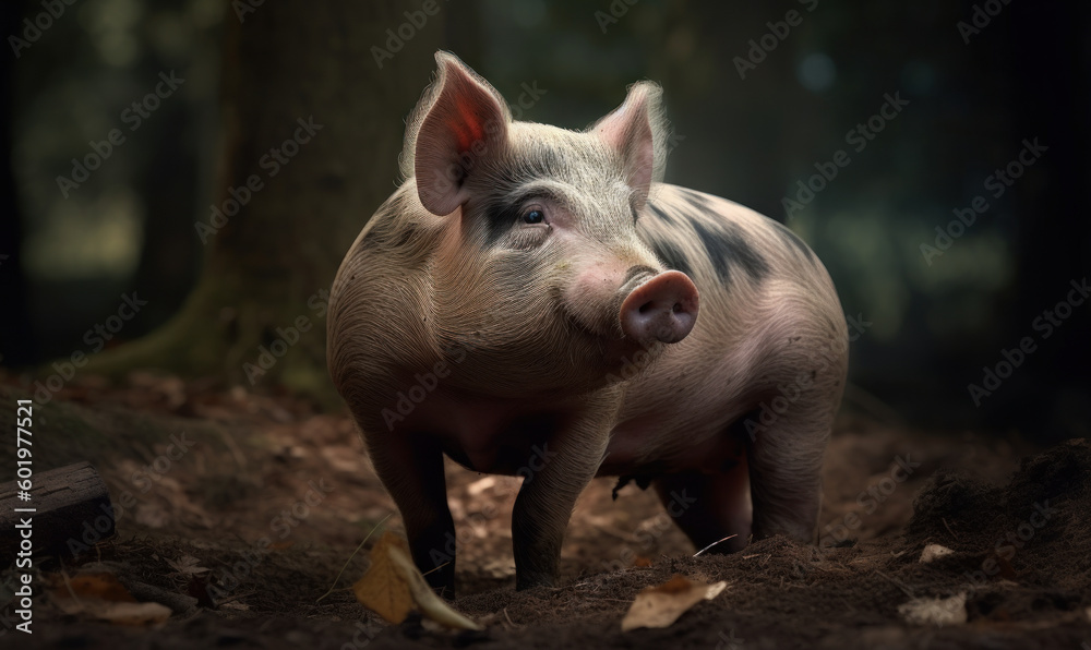 photo of Hampshire pig in its natural habitat. Generative AI photo of Hampshire pig in its natural habitat. Generative AI