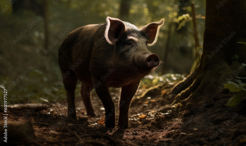 photo of Hampshire pig standing on a forest path. Generative AI photo of Hampshire pig standing on a forest path. Generative AI