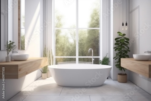 room house indoor white bath apartment tub interior home window design. Generative AI.