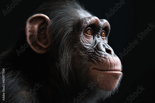 close-up of a chimpanzee's face on a black background. generative ai