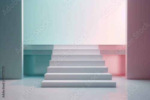  stairs in a room with blue and pink walls . generative ai