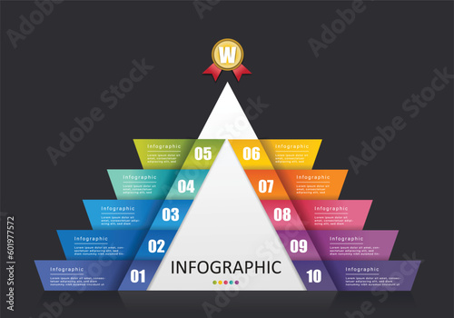 vector triangular pyramidal infographic with hierarchical hierarchy showing 10 layers of gradients in bright colors on a modern gray background for finance education presentation and administration.
