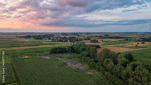 Sunset aerial landscape of filds and meadows