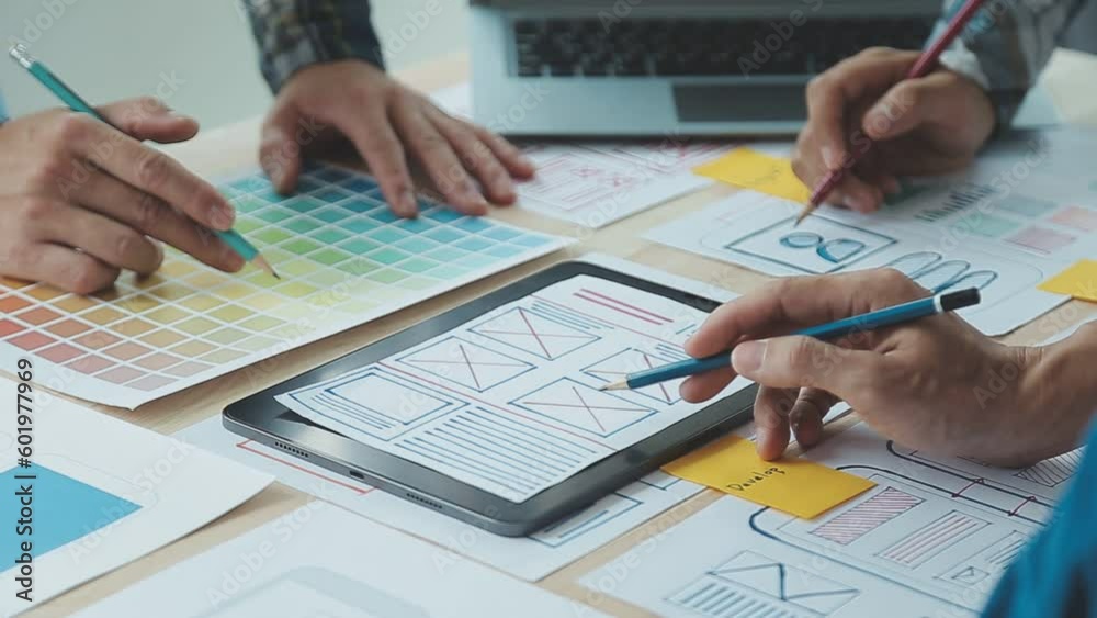 ux Graphic designer creative sketch planning application process development prototype wireframe for web mobile phone . User experience concept.