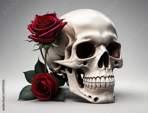 skull and rose, beauty skull, white background, close-up 