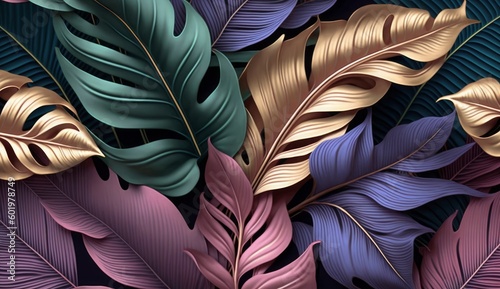 Luxury wallpaper, premium texture, seamless background, pattern. Tropical leaves in blue, gold, pink rose colors. Shiny trendy 3d illustration, art. Digital paper, packaging, websites, Generative AI