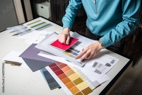 selection sample renovation designer color choice swatch interior project design palette. Generative AI.