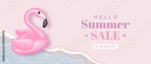 Hello summer horizontal sale background with realistic sea and flamingo on pink background. Summer sale banner. Vector illustration
