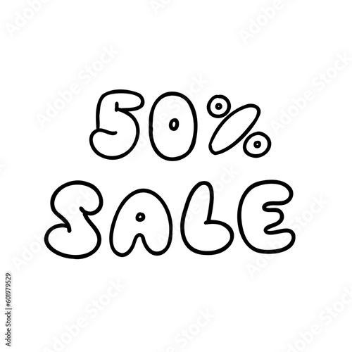 Hand written 50 percent sale black ink discount logo special offer lettering. Vector design illustration in outline doodle style isolated on white background. For seasonal sale, banner, poster, card.