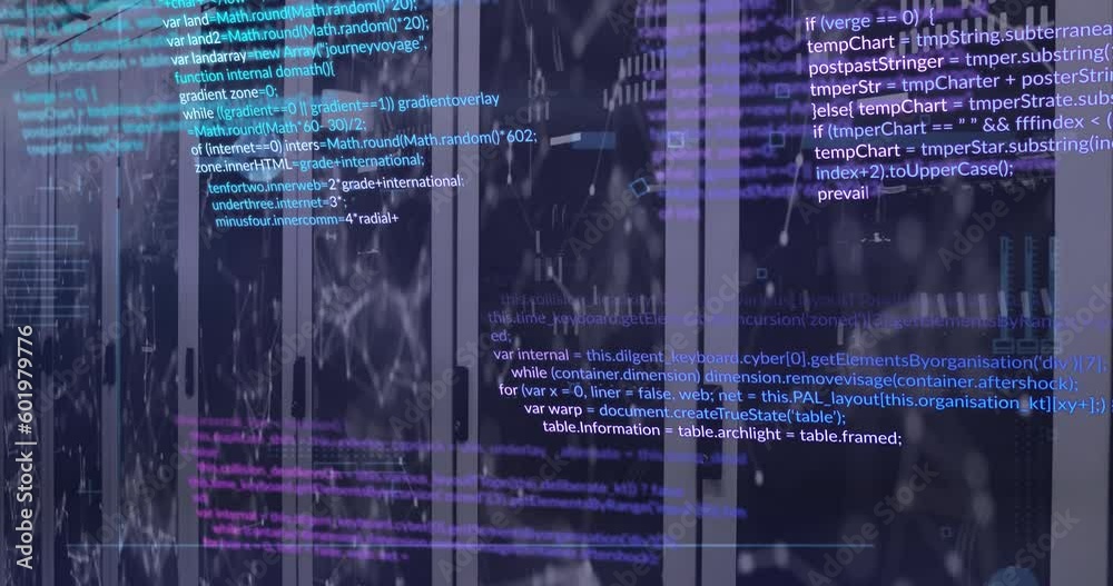 Animation of data processing and network of connections against computer server room
