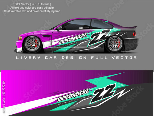 Car decal design vector. Graphic abstract stripe racing background designs for vehicle, race, rally, adventure and car racing livery