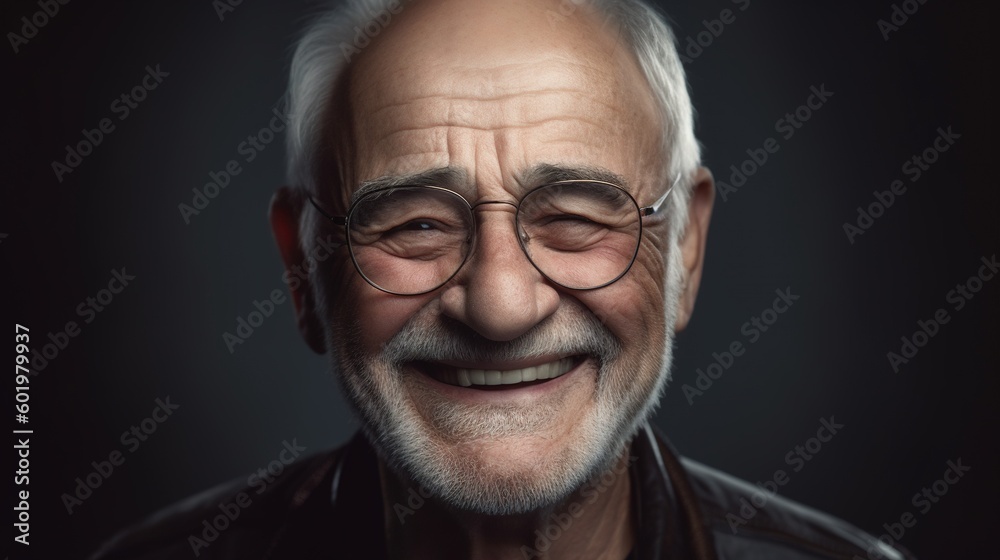 Portrait of a happy senior man smiling at the camera on a dark background.Generative Ai Portrait of a happy senior man smiling at the camera on a dark background.Generative Ai