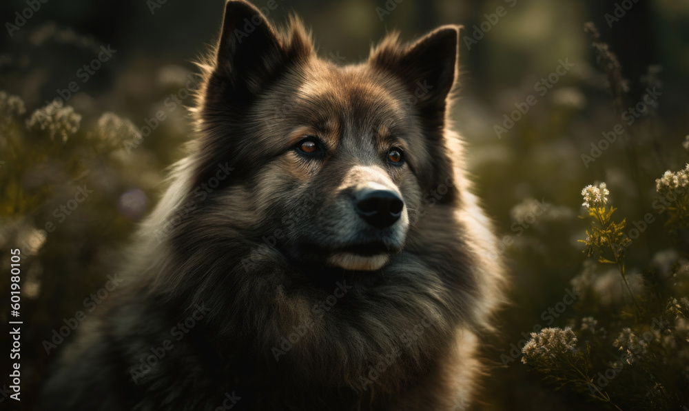 close up photo of keeshond on blurry forest background. Generative AI