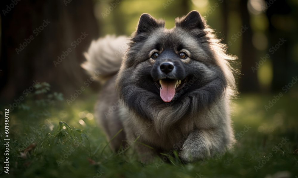 Photo of keeshond, captured in the midst of a lively play session in a lush, green park. image highlights the breed's characteristic thick fur and expressive face with energetic nature. Generative AI