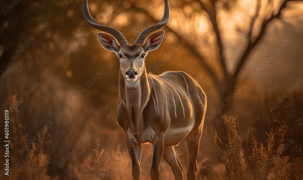Photo of kudu antelope standing majestically in the golden savanna, with the hot African sun casting warm, golden light over its striking horns and intricate markings. Generative AI - obrazy, fototapety, plakaty 