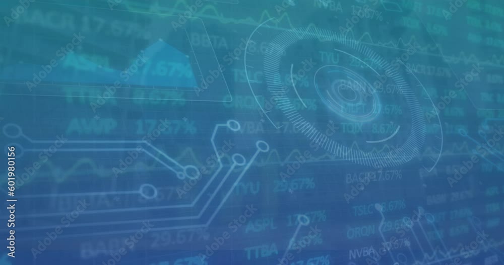 Animation of interface with round scanner and stock market data processing against blue background Animation of interface with round scanner and stock market data processing against blue background