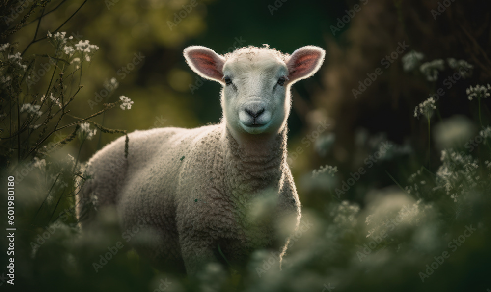 Photo of Dorset lamb standing confidently in a lush green meadow, composition highlights the lamb's sweet, innocent expression, while also conveying a sense of strength and resilience. Generative AI