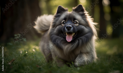 Photo of keeshond  captured in the midst of a lively play session in a lush  green park. image highlights the breed s characteristic thick fur and expressive face with energetic nature. Generative AI