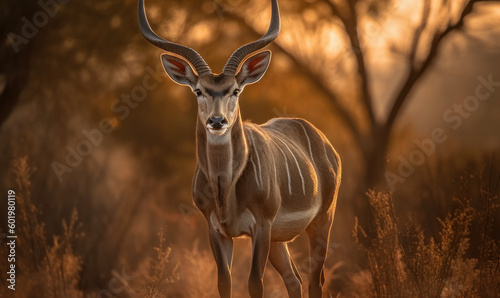 Photo of kudu antelope standing majestically in the golden savanna, with the hot African sun casting warm, golden light over its striking horns and intricate markings. Generative AI © Bartek