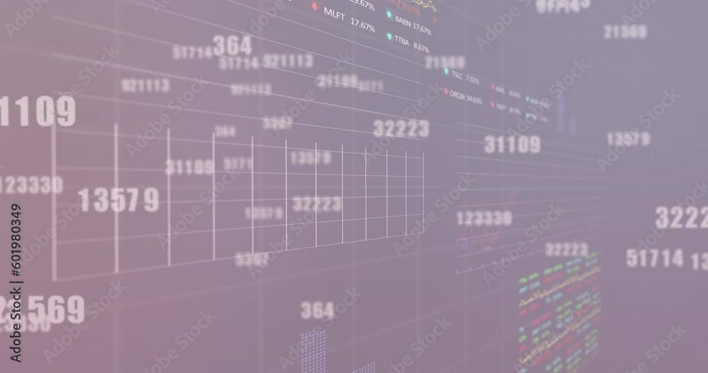 Animation of changing numbers over statistical and stock market data processing on purple background Animation of changing numbers over statistical and stock market data processing on purple background