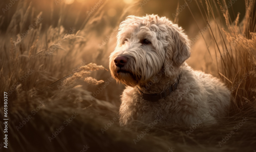 photo of happy komondor dog in tall grass at sunset. Generative AI