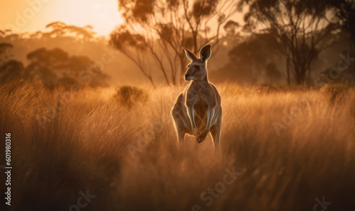 photo of kangaroo in tall grass at sunset. Generative AI