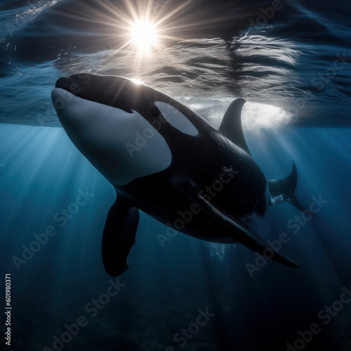 Photo of killer whale  majestic   powerful  swimming through deep blue ocean  illuminated by refracted light of the sun above emphasizing sleek form and impressive size of the whale. Generative AI