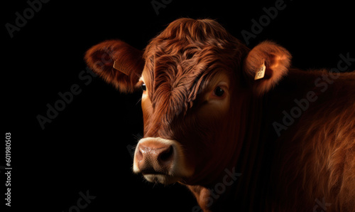 close up photo of Jersey breed of cattle on black background. Generative AI
