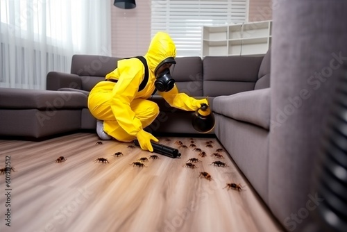 cockroach pest control uniform exterminator kill pesticide insect termite sofa. Generative AI.