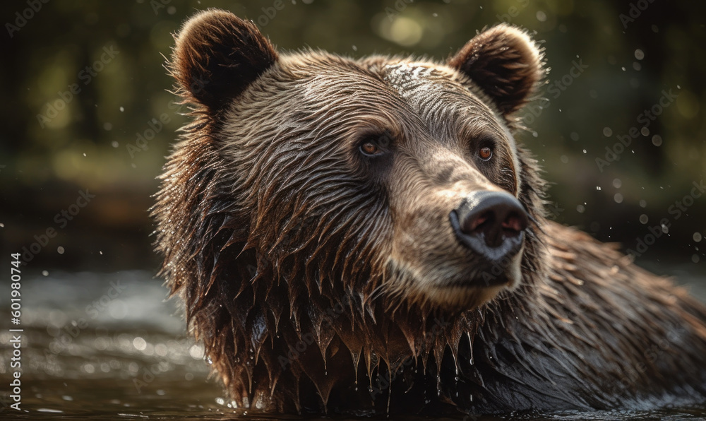 close up photo of Kodiak bear standing in river. Generative AI close up photo of Kodiak bear standing in river. Generative AI