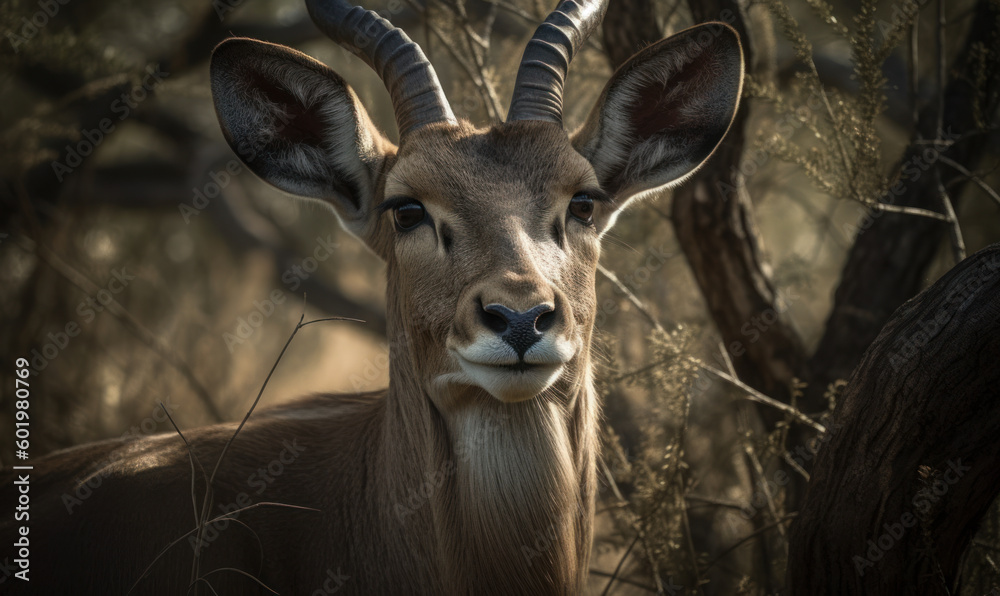 close up photo of kudu antelope on blurry background of its natural habitat. Generative AI close up photo of kudu antelope on blurry background of its natural habitat. Generative AI