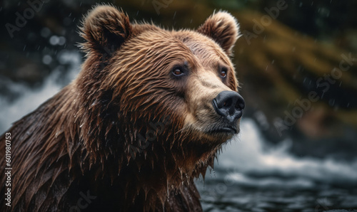 Photo of Kodiak bear towering over cascading waterfall with fierce determination in its eyes. image showcases bear's massive size & power, with light highlighting its majestic presence. Generative AI