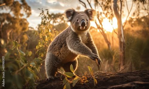 photo of koala jumping in tall grass at sunset. Generative AI