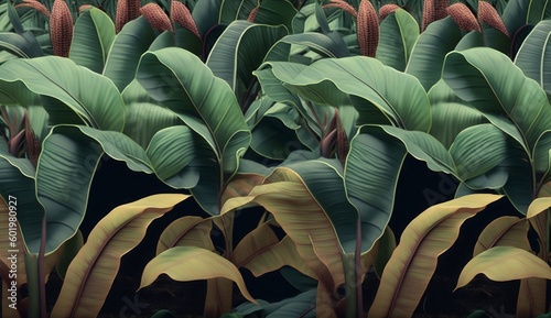 Banana trees plantation, colorful textured leaves. Vintage tropical 3d illustration, seamless pattern. Premium grunge background design. Luxury wallpapers, cloths, fabric prinring, Generative AI
